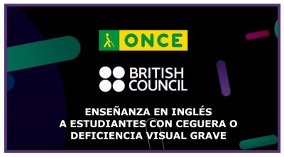 portada curso enseñanza en Ingles a estudiantes con ceguera o deficiencia visual grave. logotipos de ONCE y BC