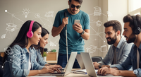 Personas revisando sus redes sociales utilizando diferentes dispositivos tecnológicos. Imagen generada con IA