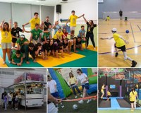 Collage con imágenes de jóvenes participando en actividades deportivas: formando figuras en grupo, jugando a goalball, practicando juegos de equipo y disfrutando de momentos de convivencia como actividades al aire libre y una zona de comida.