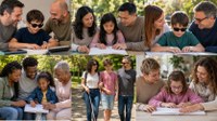 Collage de seis escenas familiares en interiores y exteriores. En todas, personas adultas acompañan a menores en actividades como la lectura de libros en braille o paseos con bastón blanco. Las imágenes muestran situaciones de apoyo y aprendizaje en el entorno cotidiano, con luz natural y sin texto. aparecen diferentes modelos de familia.