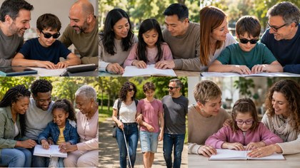 Collage de seis escenas familiares en interiores y exteriores. En todas, personas adultas acompañan a menores en actividades como la lectura de libros en braille o paseos con bastón blanco. Las imágenes muestran situaciones de apoyo y aprendizaje en el entorno cotidiano, con luz natural y sin texto. aparecen diferentes modelos de familia.