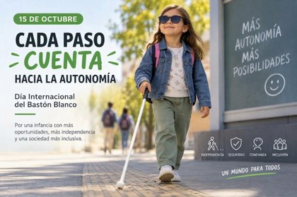 Menor desplazándose con un bastón blanco, símbolo de autonomía e inclusión de las personas con discapacidad visual. Imagen generada con IA