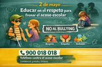 : varios niños interactúan de forma respetuosa e inclusiva, mientras otra figura aparece aislada; se muestran símbolos de empatía, apoyo y convivencia, junto a un mensaje contra el bullying y un teléfono de ayuda.