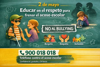 : varios niños interactúan de forma respetuosa e inclusiva, mientras otra figura aparece aislada; se muestran símbolos de empatía, apoyo y convivencia, junto a un mensaje contra el bullying y un teléfono de ayuda.