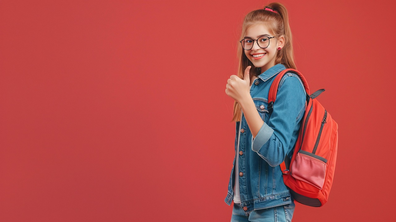Niña sonriente con mochila de colegio. 