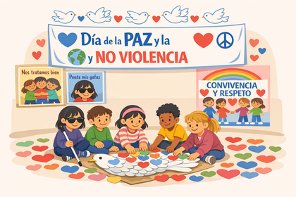 La ilustración (creada con la IA) muestra a un grupo de niñas y niños sentados en círculo en el suelo del aula, colaborando para colocar corazones de colores sobre una gran paloma de cartón, símbolo de la paz. Entre ellos participa también una niña ciega con bastón. El aula está decorada con corazones, palomas y carteles que celebran el Día de la Paz y la No Violencia, junto a murales que promueven la convivencia y el respeto. El ambiente transmite cooperación, inclusión y alegría.