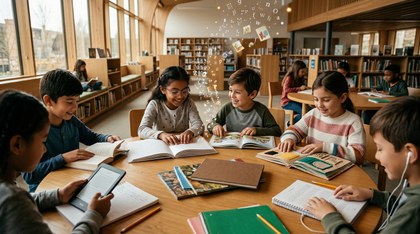 Niños y niñas con y sin discapacidad compartiendo lecturas inclusivas en braille, tinta y formato digital alrededor de una mesa de madera con el grabado "Día de las Bibliotecas". Imagen generada con IA