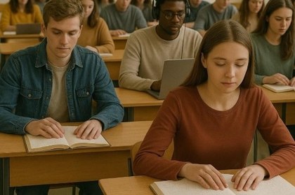 Estudiantes en un aula leyendo en tinta y en braille.