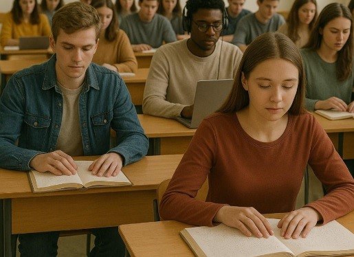 Estudiantes en un aula leyendo en tinta y en braille.