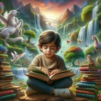 Niño leyendo un libro en braille rodeado de libros, naturaleza y animales fantásticos