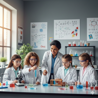 Aula de ciencias con carteles de formulación, maestra y niñas realizando experimentos