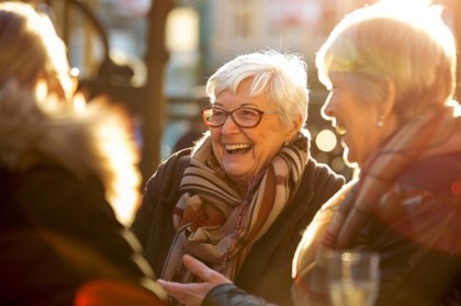 Grupo de personas mayores charlando y riéndose, en una escena alegre y colorida