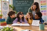 Aula inclusiva donde varios estudiantes colaboran alrededor de una mesa con un libro en braille. En la pizarra y en carteles del aula aparecen mensajes sobre salud mental, bienestar, inclusión y respeto. Imagen generada con IA