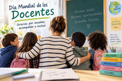 Docente y alumnado en un aula inclusiva junto al mensaje de agradecimiento por el Día Mundial de los Docentes.