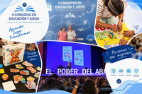 COLLAGE CONGRESO EDUCACIÓN Y JUEGO APARECEN JUEGOS DE MESA Y LAS DOS MAESTRAS INTERACTUANDO