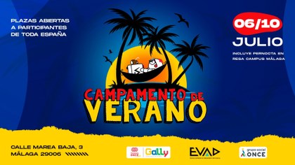 Ilustración de un campamento de verano con palmeras y un sol al fondo. Incluye el texto “Campamento de Verano”, las fechas 6–10 de julio, y menciona plazas abiertas en toda España, con logotipos de Fundación ONCE, Ga11y, EVAD y Grupo Social ONCE.