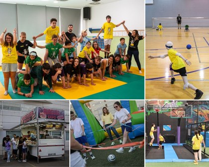 Collage con imágenes de jóvenes participando en actividades deportivas: formando figuras en grupo, jugando a goalball, practicando juegos de equipo y disfrutando de momentos de convivencia como actividades al aire libre y una zona de comida.