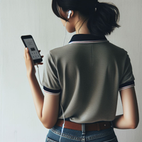 Joven manejando un dispositivo móvil de espaldas en una sala. Lleva auriculares puestos